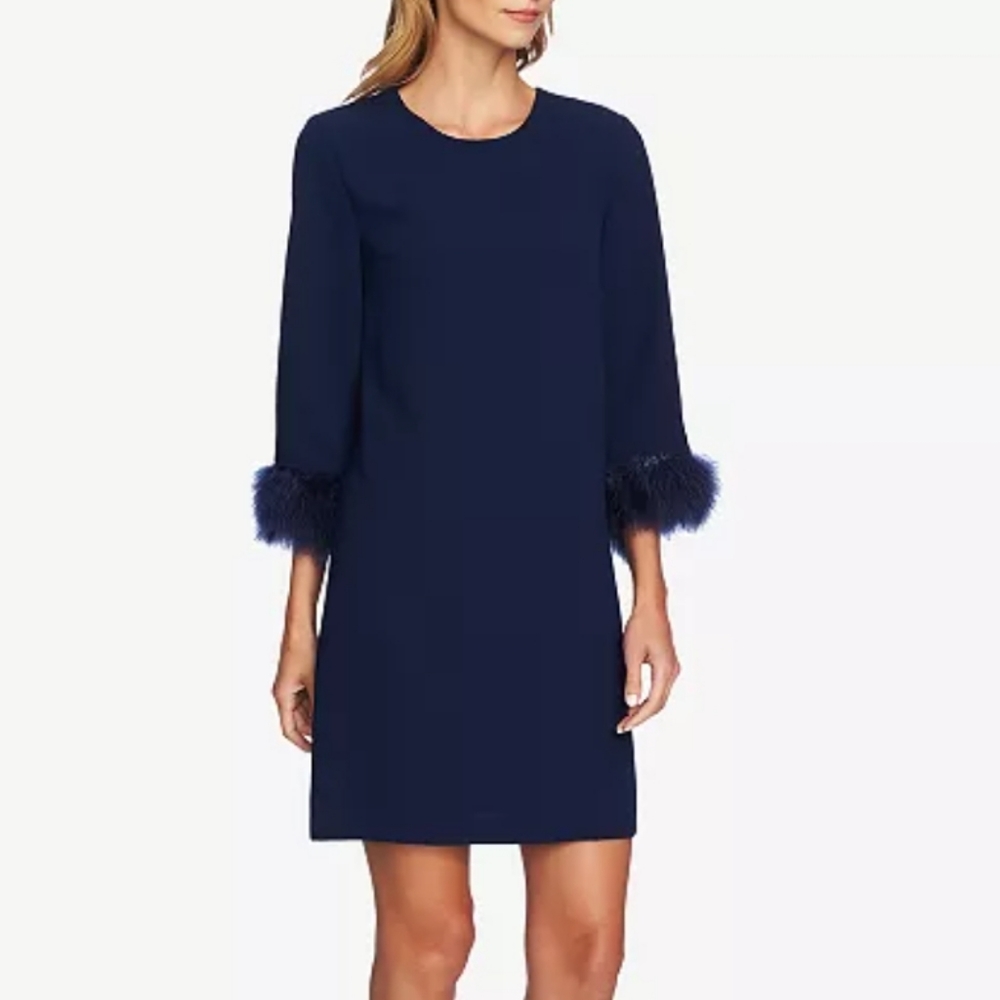 CeCe Navy Blue Feather Sleeve Shift Dress 10/Medium NWOT